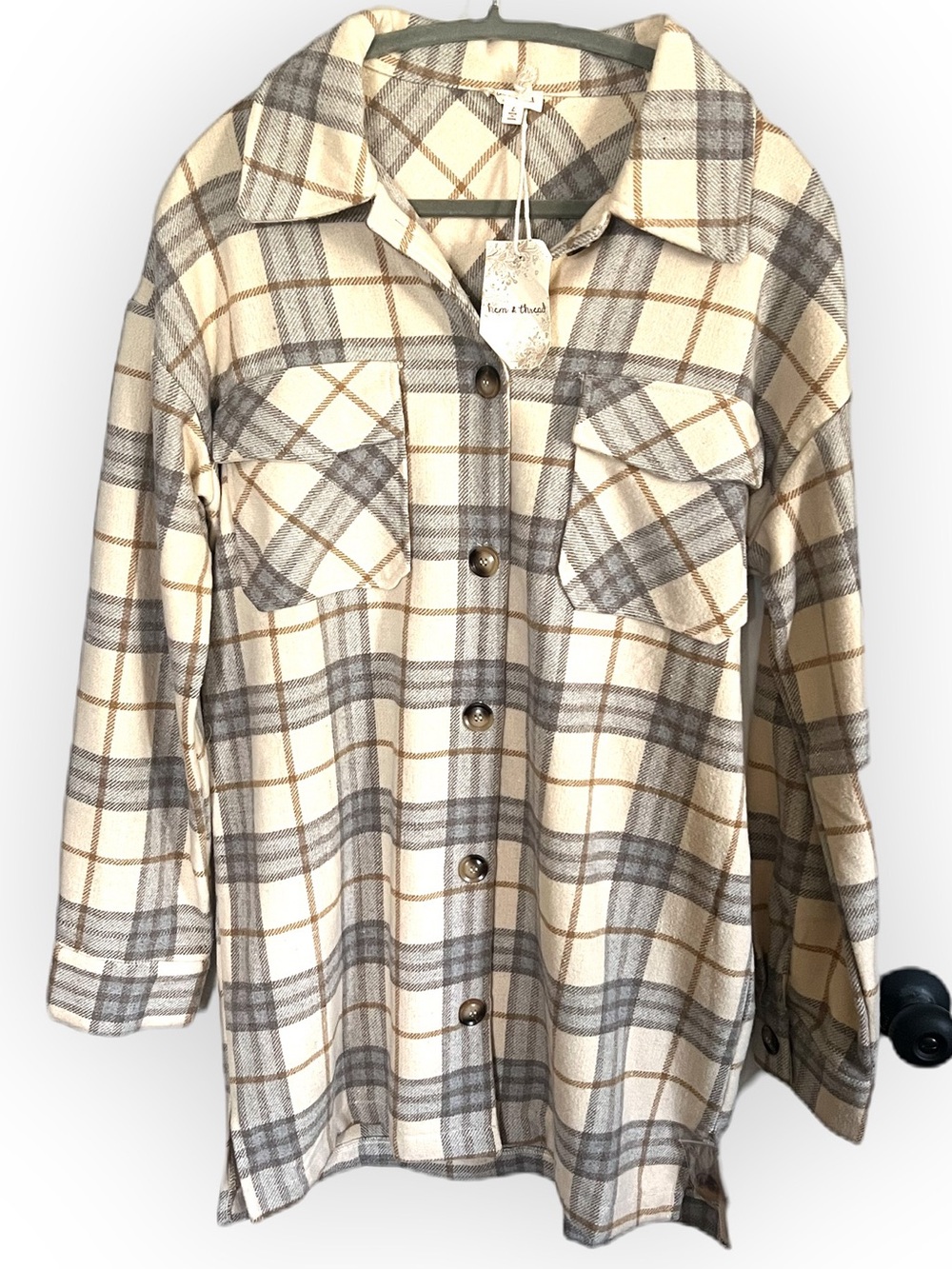 Mod Boutique Hem & Thread Cream and Gray Plaid Button-Up Shirt Jacket Harvest